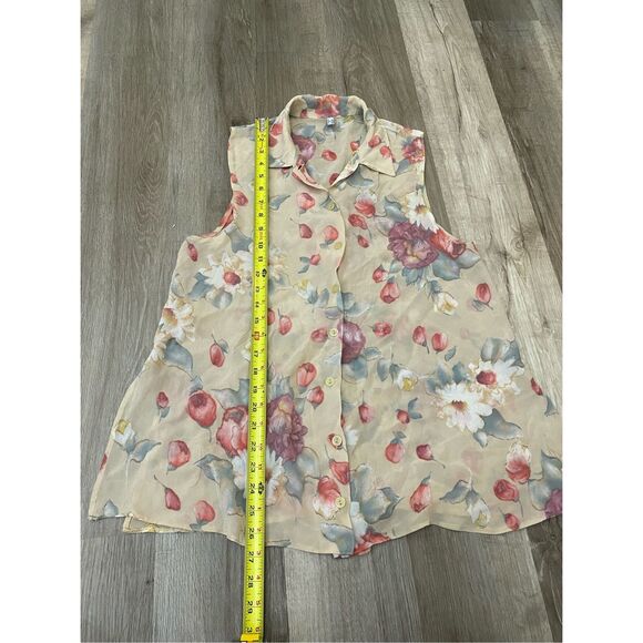 Italian Floral Beige Pink Button-Up Collared Sleeveless Blouse, Size US 8 - Picture 2 of 10